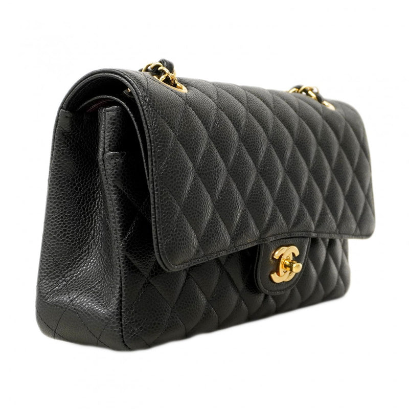 【6ca0372】シャネル ショルダーバッグ マトラッセ Wフラップ Wチェーン キャビアスキン ブラック ゴールド金具【中古】レディース