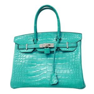【6ca0707-g】エルメス ハンドバッグ バーキン30 アリゲーターマット ブルーパオン シルバー金具 C刻印【中古】レディース
