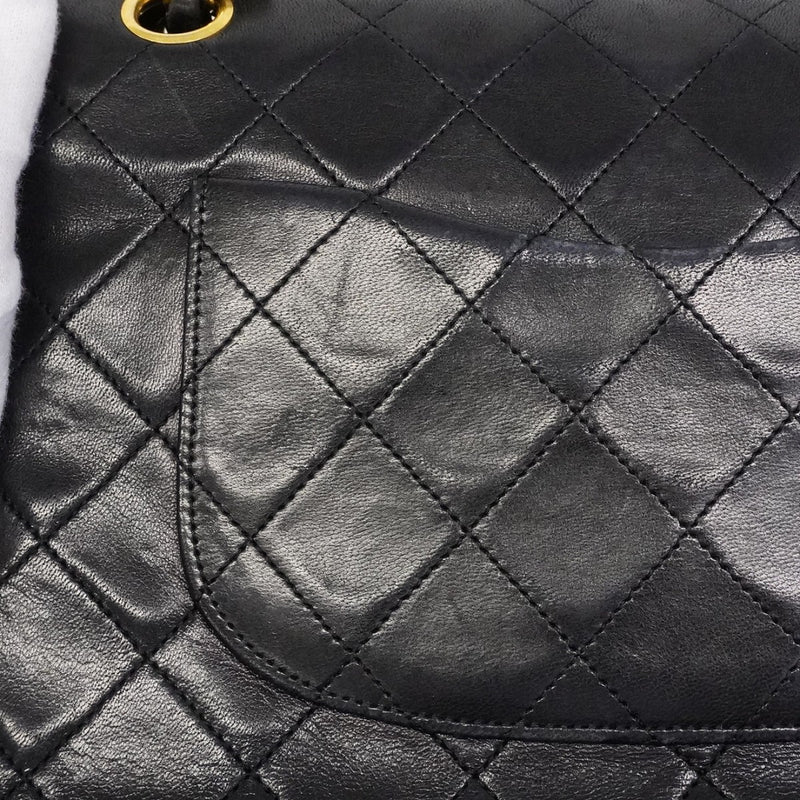 【6ca1203-k】シャネル ショルダーバッグ マトラッセ Wフラップ Wチェーン ラムスキン ブラック ゴールド金具【中古】レディース