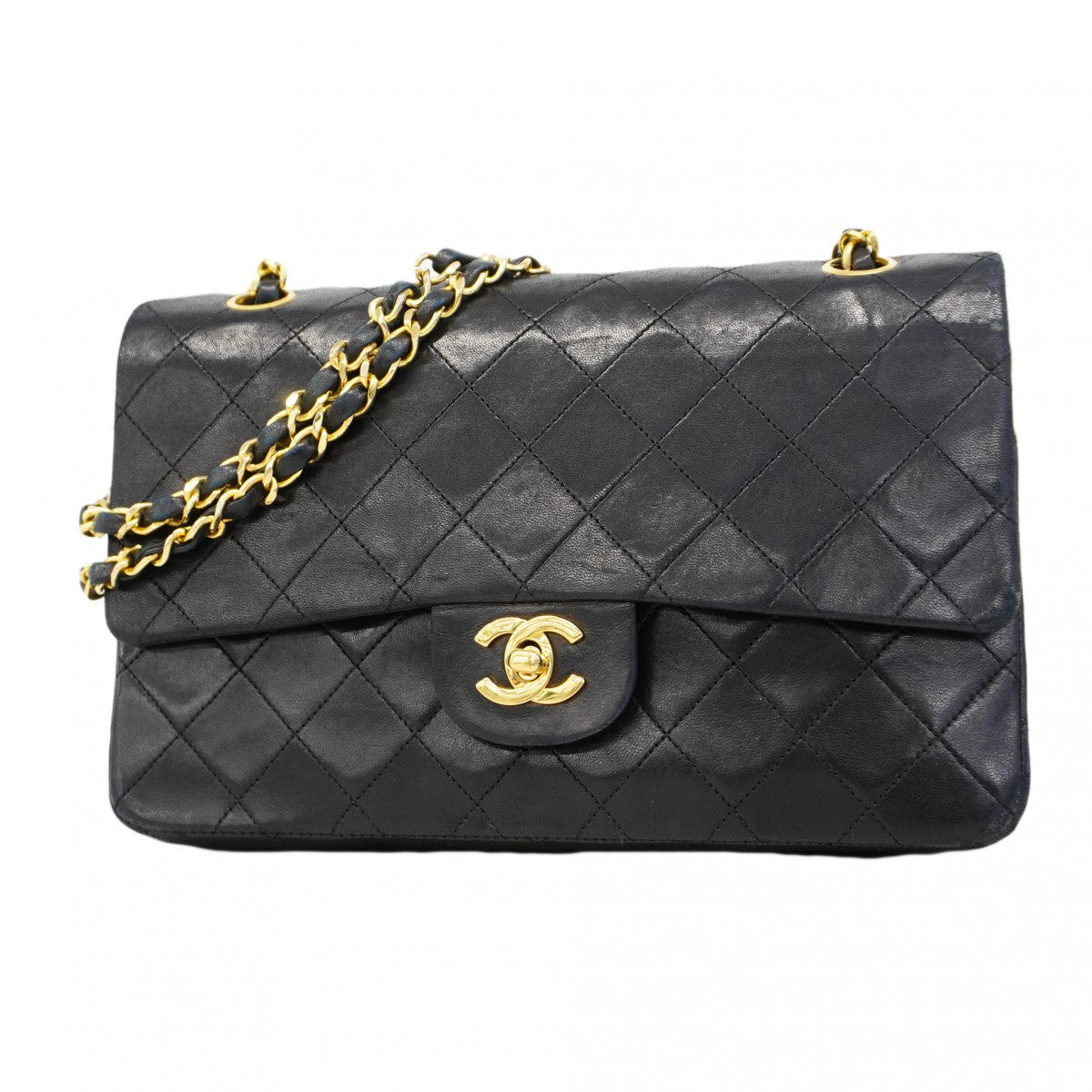 【6ca1203-k】シャネル ショルダーバッグ マトラッセ Wフラップ Wチェーン ラムスキン ブラック ゴールド金具【中古】レディース