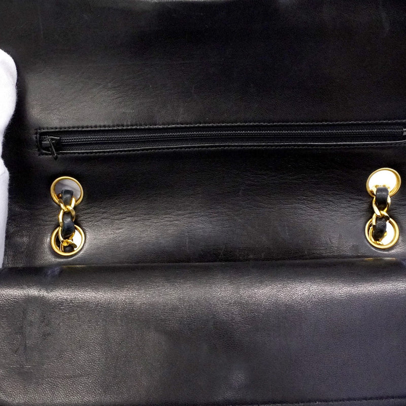 【6ca1203-k】シャネル ショルダーバッグ マトラッセ Wフラップ Wチェーン ラムスキン ブラック ゴールド金具【中古】レディース