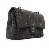 【6ca1263】シャネル ショルダーバッグ マトラッセ Wフラップ Wチェーン デニム ブラック シルバー金具【中古】レディース