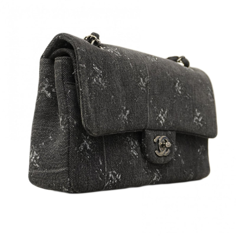 【6ca1263】シャネル ショルダーバッグ マトラッセ Wフラップ Wチェーン デニム ブラック シルバー金具【中古】レディース