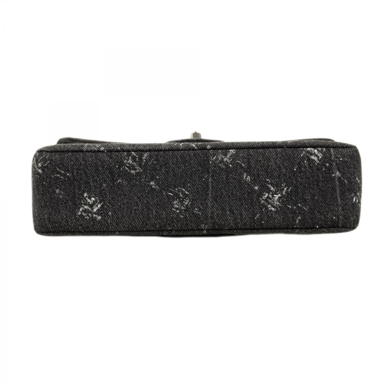 【6ca1263】シャネル ショルダーバッグ マトラッセ Wフラップ Wチェーン デニム ブラック シルバー金具【中古】レディース