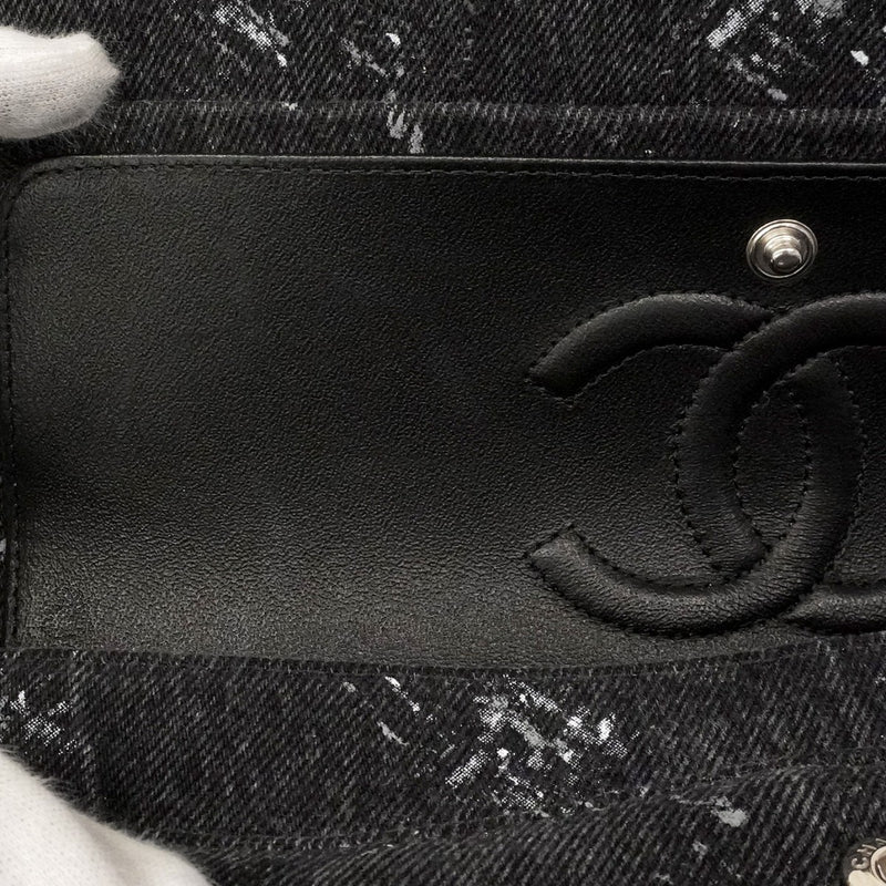 【6ca1263】シャネル ショルダーバッグ マトラッセ Wフラップ Wチェーン デニム ブラック シルバー金具【中古】レディース