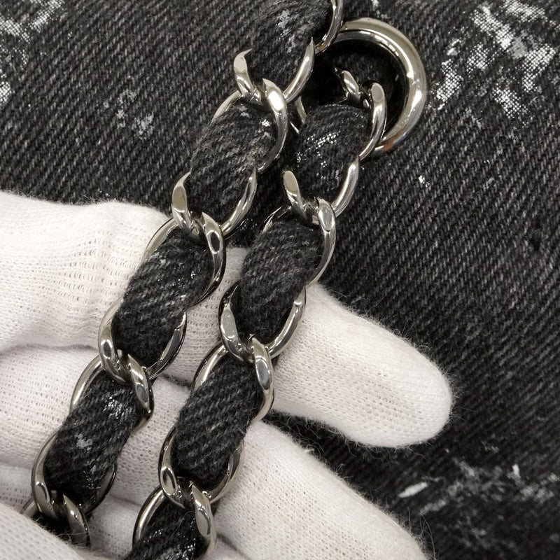 【6ca1263】シャネル ショルダーバッグ マトラッセ Wフラップ Wチェーン デニム ブラック シルバー金具【中古】レディース