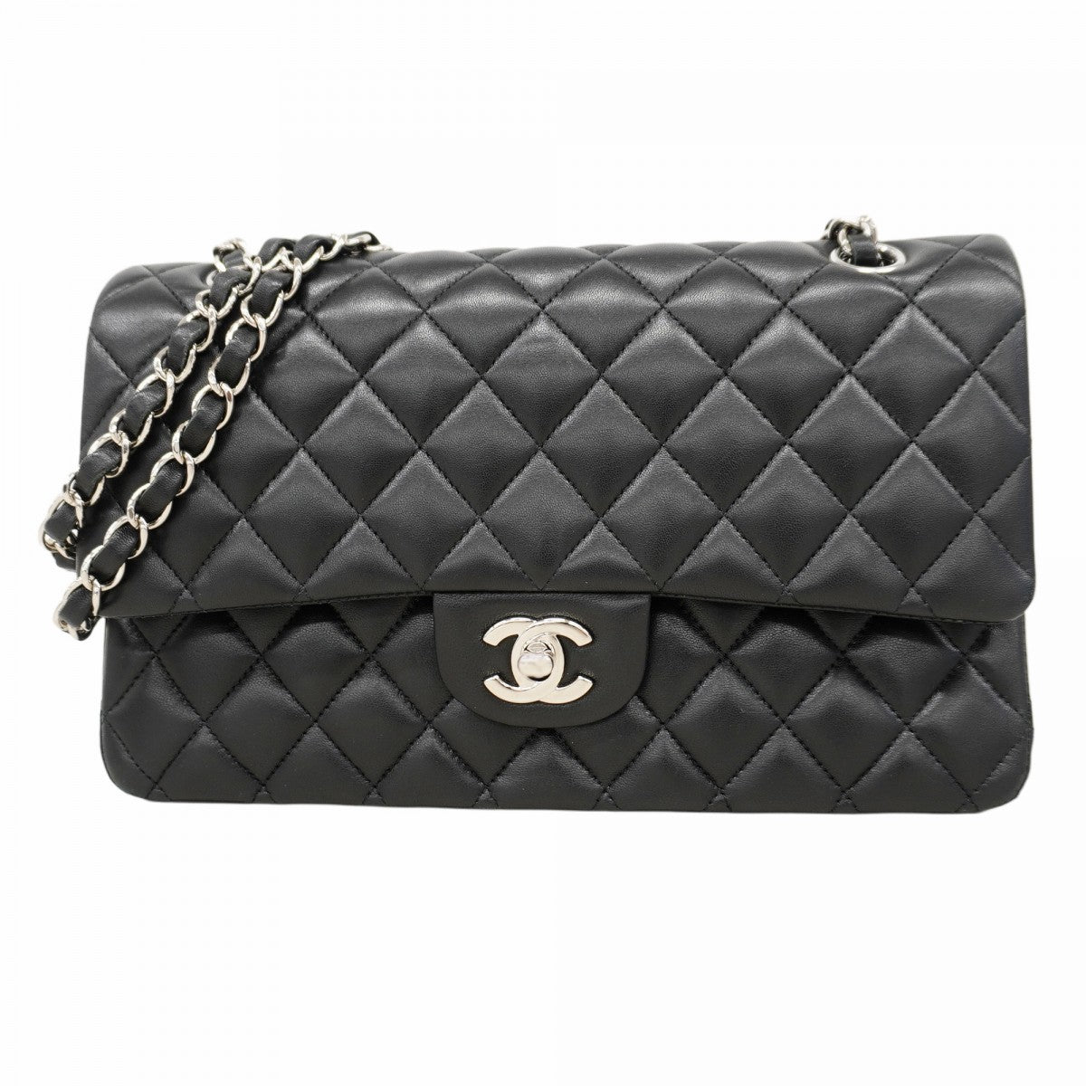 【6cb1847】シャネル ショルダーバッグ マトラッセ Wフラップ Wチェーン ラムスキン ブラック シルバー金具【中古】レディース