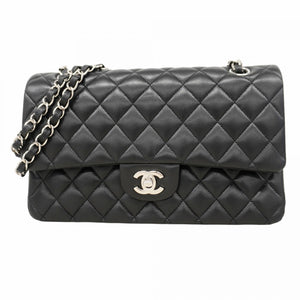 【6cb1847】シャネル ショルダーバッグ マトラッセ Wフラップ Wチェーン ラムスキン ブラック シルバー金具【中古】レディース
