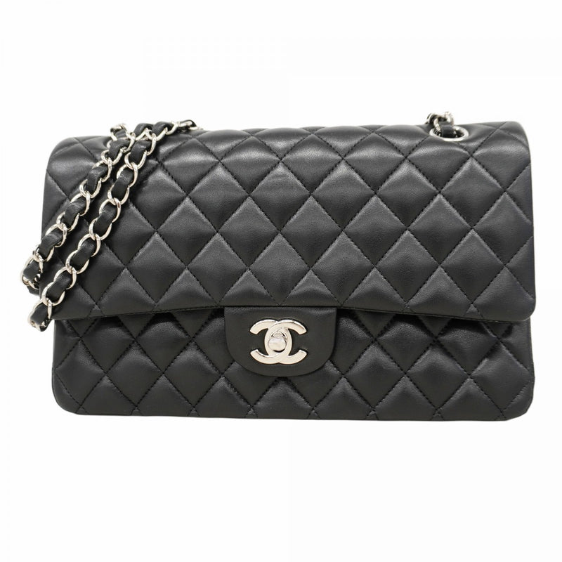 【6cb1847】シャネル ショルダーバッグ マトラッセ Wフラップ Wチェーン ラムスキン ブラック シルバー金具【中古】レディース