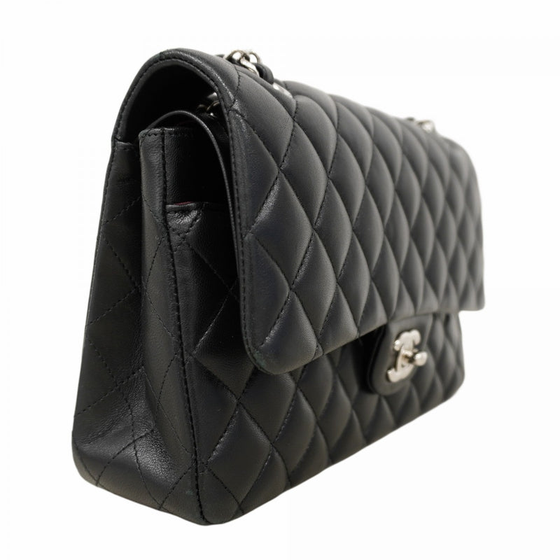 【6cb1847】シャネル ショルダーバッグ マトラッセ Wフラップ Wチェーン ラムスキン ブラック シルバー金具【中古】レディース