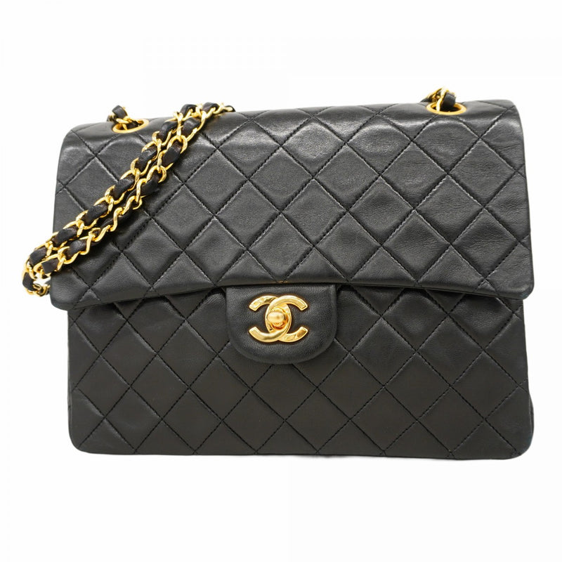 【6cb1864】シャネル ショルダーバッグ マトラッセ Wフラップ Wチェーン ラムスキン ブラック ゴールド金具【中古】レディース