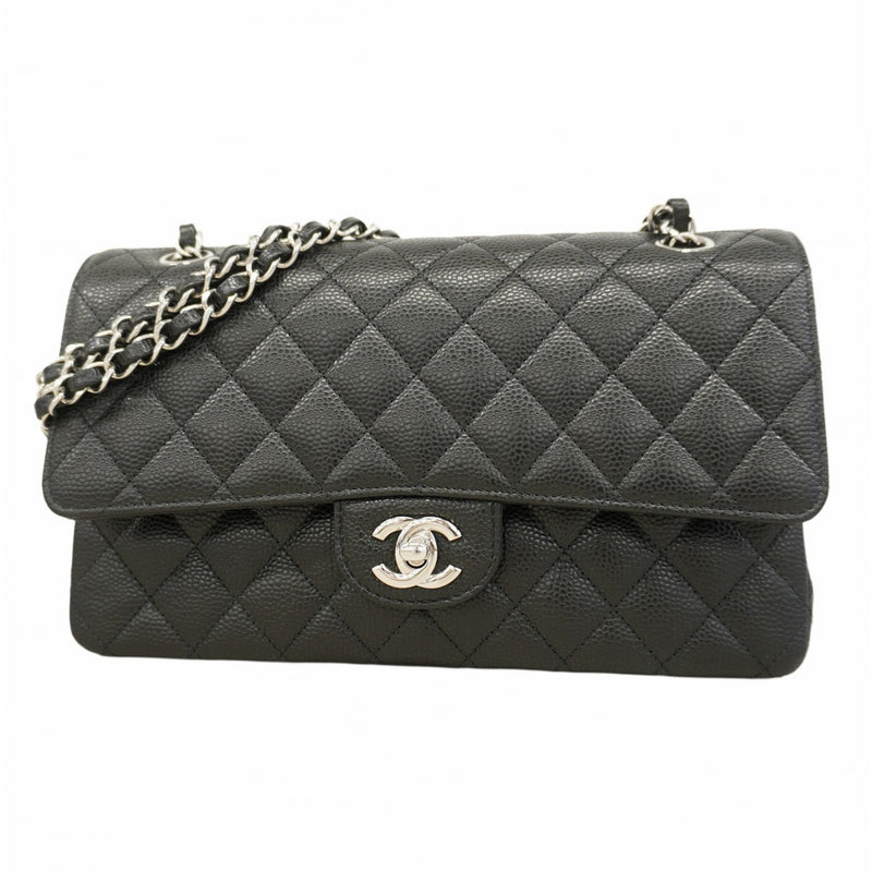 【6cb1923】シャネル ショルダーバッグ マトラッセ Wフラップ Wチェーン キャビアスキン ブラック シルバー金具【中古】レディース