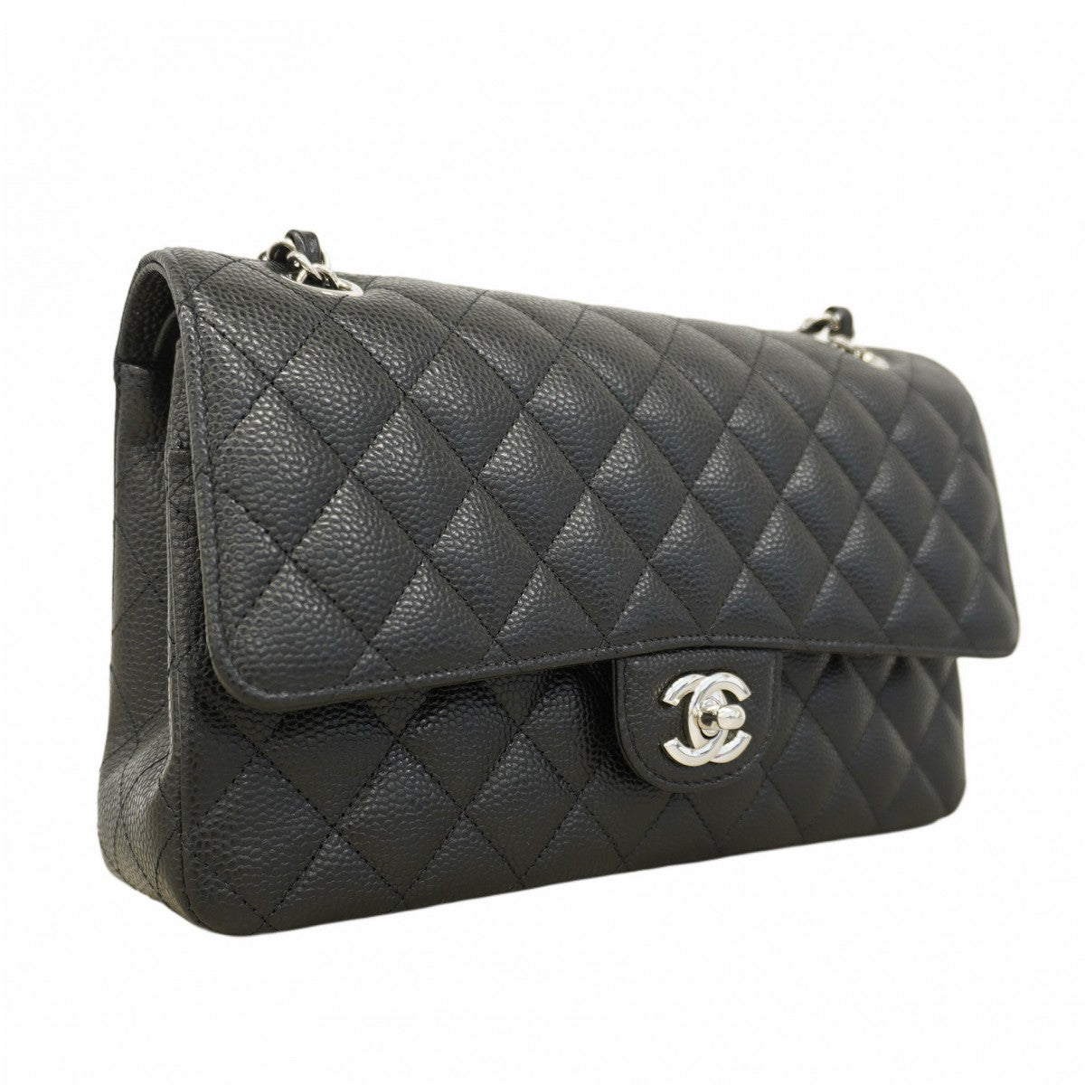 【6cb1923】シャネル ショルダーバッグ マトラッセ Wフラップ Wチェーン キャビアスキン ブラック シルバー金具【中古】レディース
