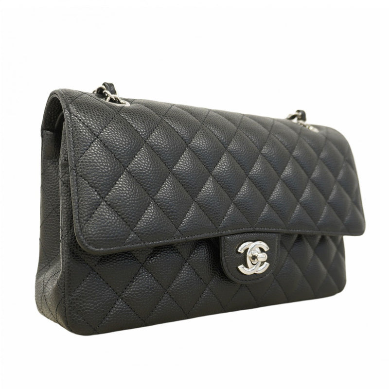 【6cb1923】シャネル ショルダーバッグ マトラッセ Wフラップ Wチェーン キャビアスキン ブラック シルバー金具【中古】レディース