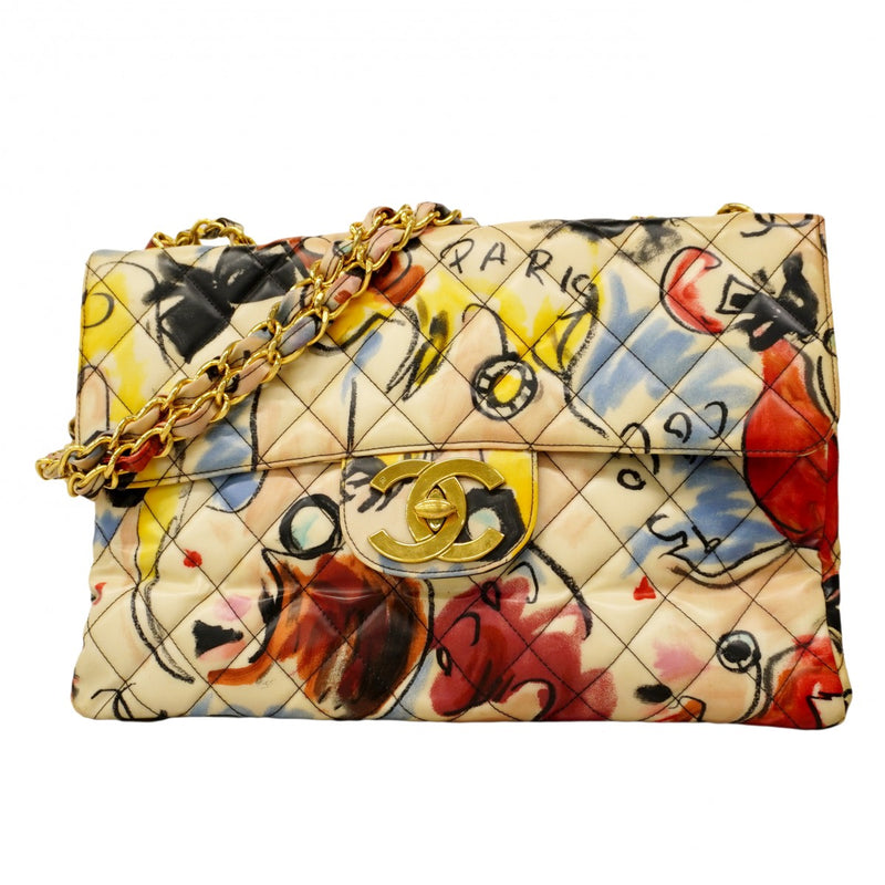 【6cb2276】シャネル ショルダーバッグ デカマトラッセ Wチェーン パテントレザー マルチカラー ゴールド金具【中古】レディース