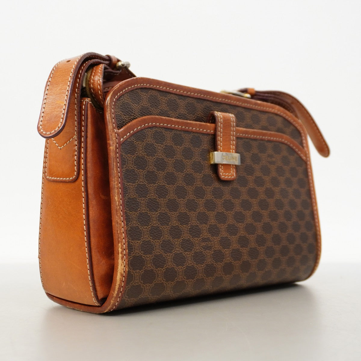 【6cb2286】セリーヌ ショルダーバッグ マカダム PVC ブラウン ゴールド金具【中古】レディース