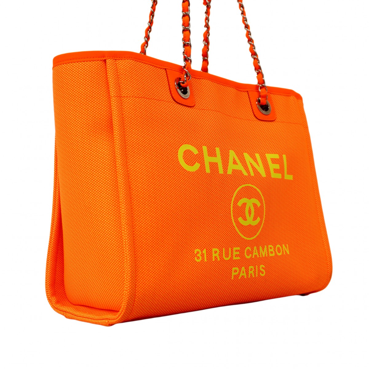 【6cb2301】シャネル チェーントート ドーヴィル キャンバス オレンジ イエロー シルバー金具【中古】レディース