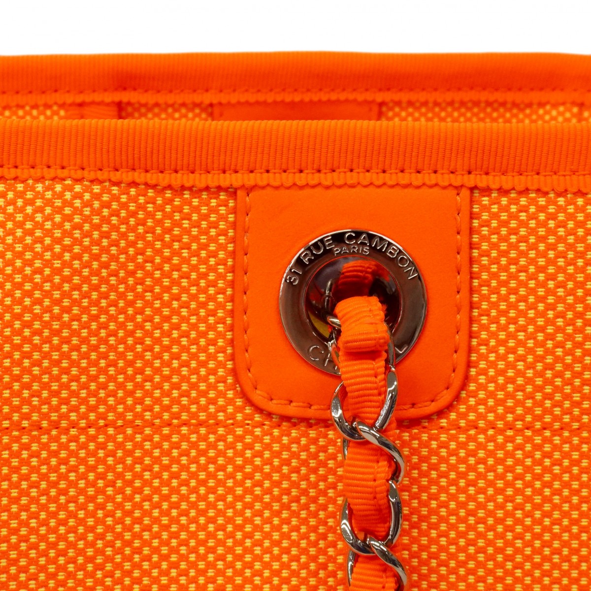 【6cb2301】シャネル チェーントート ドーヴィル キャンバス オレンジ イエロー シルバー金具【中古】レディース