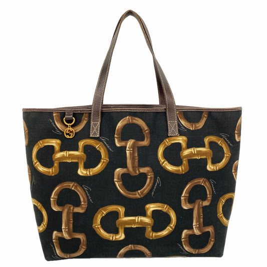 【6cb2303-k】グッチ トートバッグ ホースビット 154402 キャンバス ブラック ゴールド金具【中古】レディース