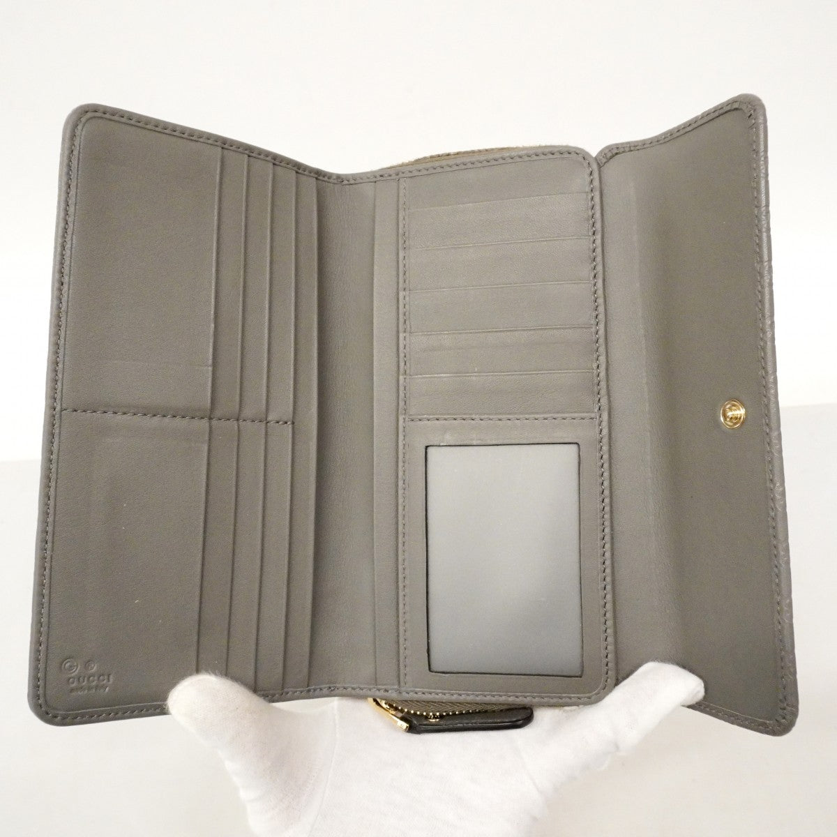 【6cb2775】グッチ 長財布 マイクログッチシマ 449364 レザー グレー シャンパンゴールド金具【中古】レディース