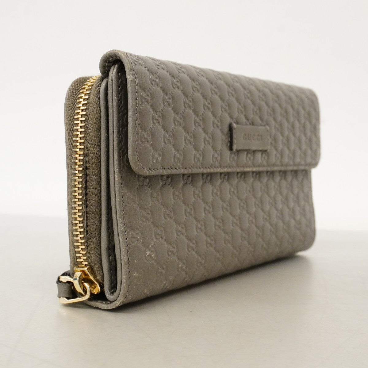 【6cb2775】グッチ 長財布 マイクログッチシマ 449364 レザー グレー シャンパンゴールド金具【中古】レディース