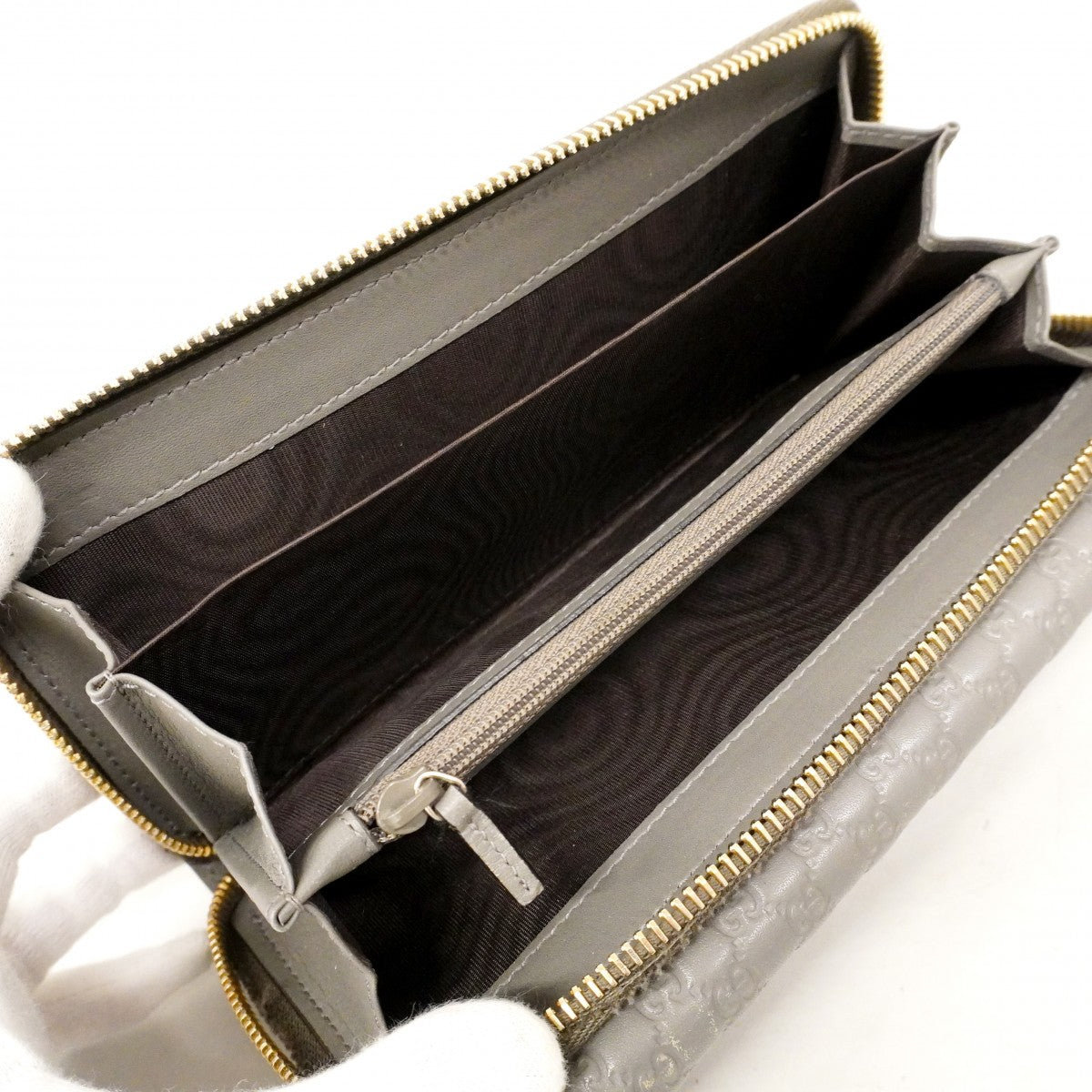 【6cb2775】グッチ 長財布 マイクログッチシマ 449364 レザー グレー シャンパンゴールド金具【中古】レディース