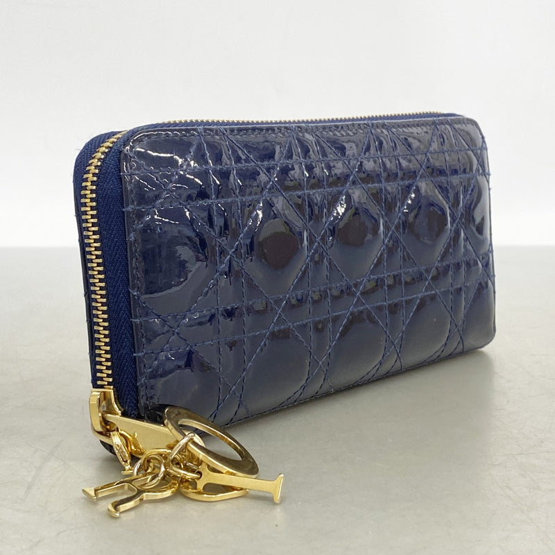 【6cc3496】クリスチャンディオール 長財布 カナージュ エナメル ブルー ゴールド金具【中古】レディース