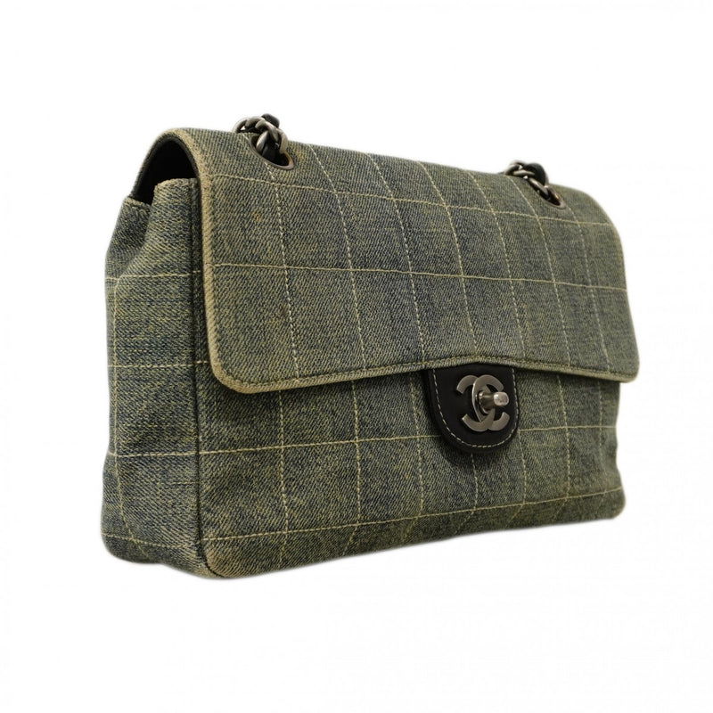 【6cc4021-k】シャネル ショルダーバッグ チョコバー Wチェーン デニム ブルー シルバー金具【中古】レディース