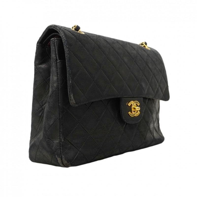 【6cc4022-k】シャネル ショルダーバッグ マトラッセ Wフラップ Wチェーン ラムスキン ブラック ゴールド金具【中古】レディース