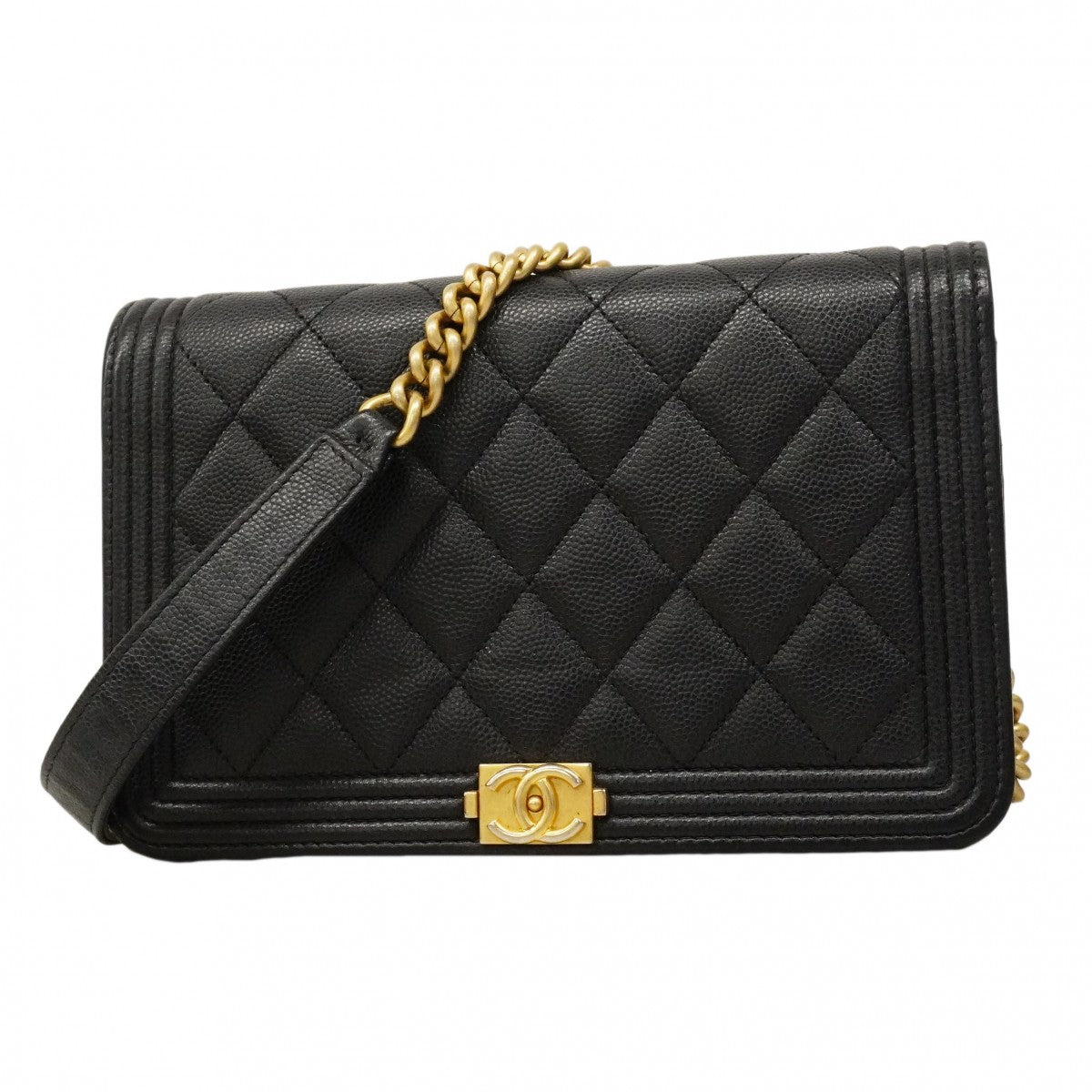 ★SALE【6cd4675】シャネル ショルダーウォレット ボーイシャネル キャビアスキン ブラック ゴールド金具【中古】レディース