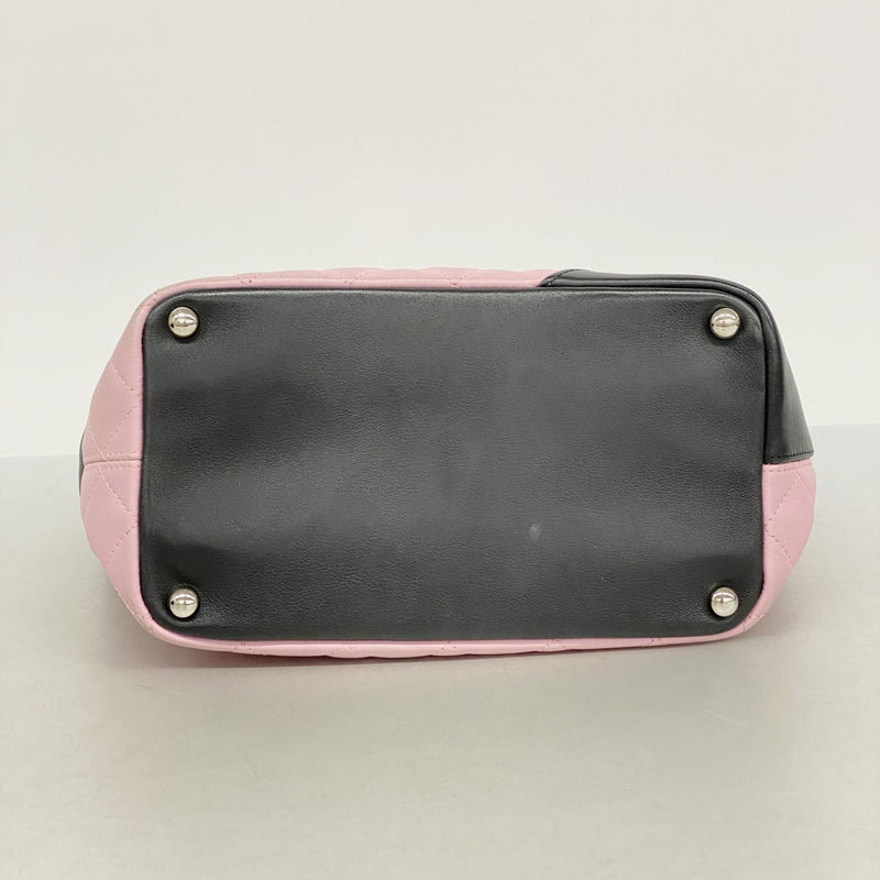 【6dd4594-k】シャネル トートバッグ カンボン ラムスキン ピンク ブラック シルバー金具【中古】レディース