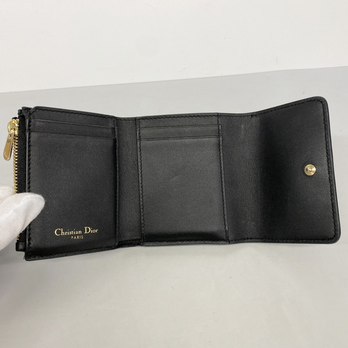【6dd5198】クリスチャンディオール 三つ折り財布 レザー ブラック ゴールド金具【中古】レディース