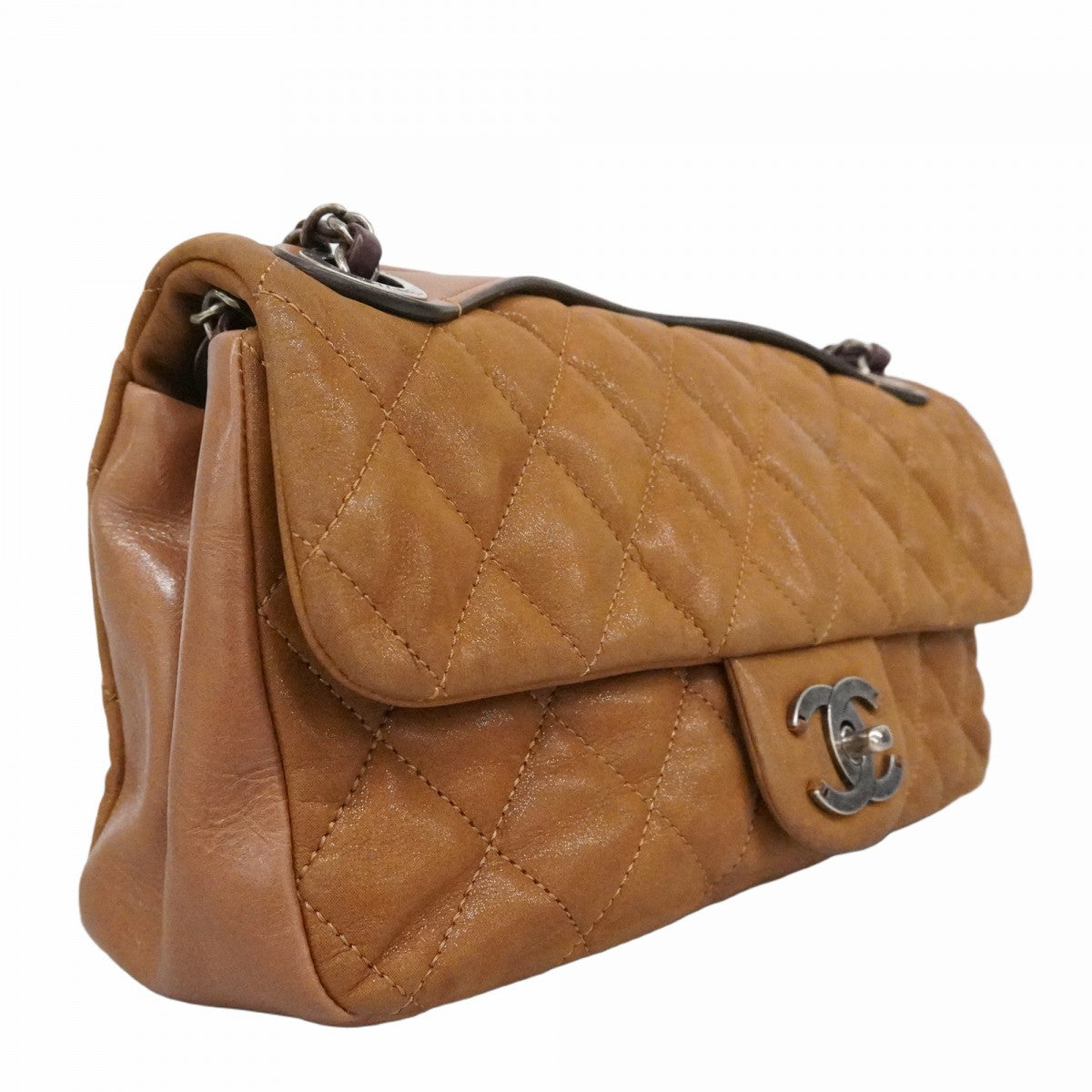 ★SALE【6de5598-k】シャネル ショルダーバッグ マトラッセ Wチェーン スパークルレザー ブラウン シルバー金具【中古】レディース