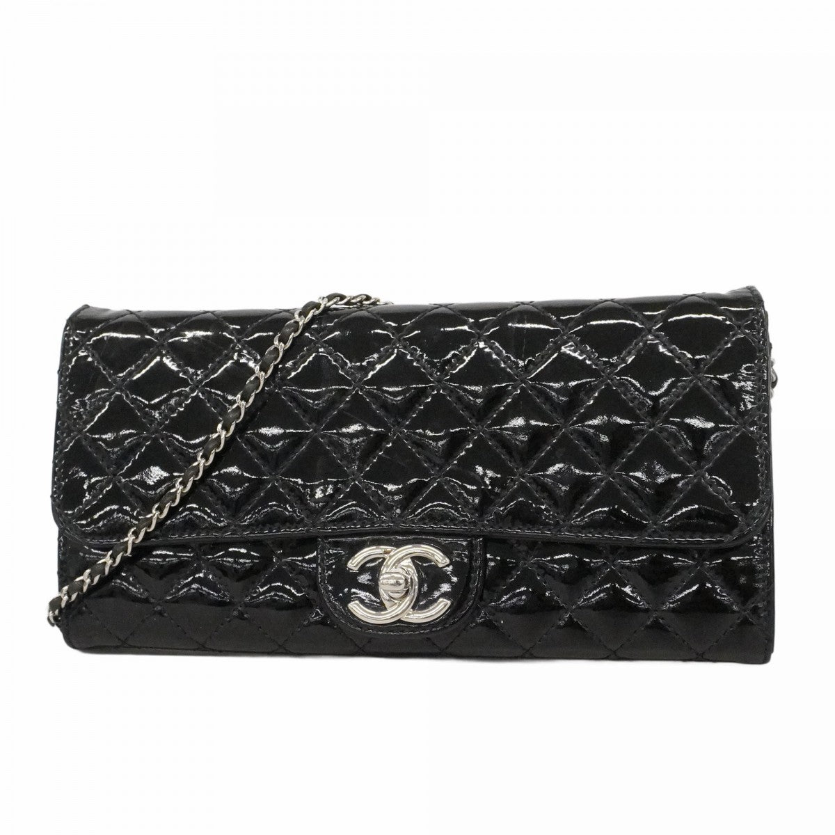 ★SALE【6de6251-k】シャネル ショルダーウォレット マトラッセ チェーンショルダー パテントレザー ブラック シルバー金具【中古】レディース
