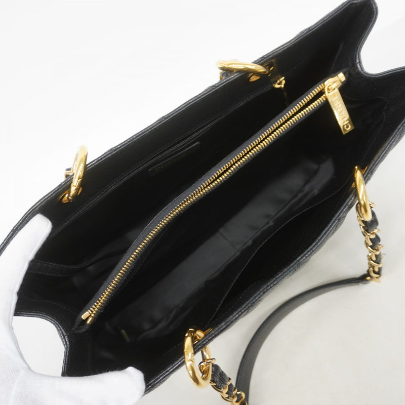 【6eb1742】シャネル チェーントート マトラッセ キャビアスキン ブラック ゴールド金具【中古】レディース