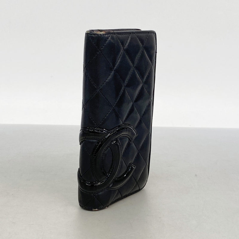 【6ec1915】シャネル 長財布 カンボン ラムスキン パテントレザー ブラック シルバー金具【中古】レディース