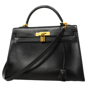 【6ec2339】エルメス ハンドバッグ ケリー32 ボックスカーフ ブラック ゴールド金具 〇T刻印 2wayバッグ【中古】レディース