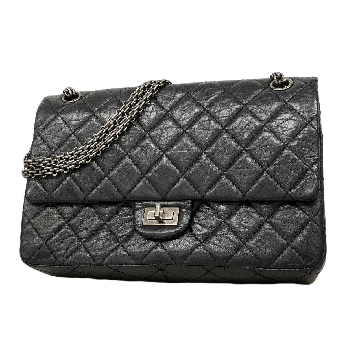 【6ed4282-k】シャネル ショルダーバッグ 2.55/マトラッセ Wフラップ Wチェーン レザー ブラック シルバー金具【中古】レディース