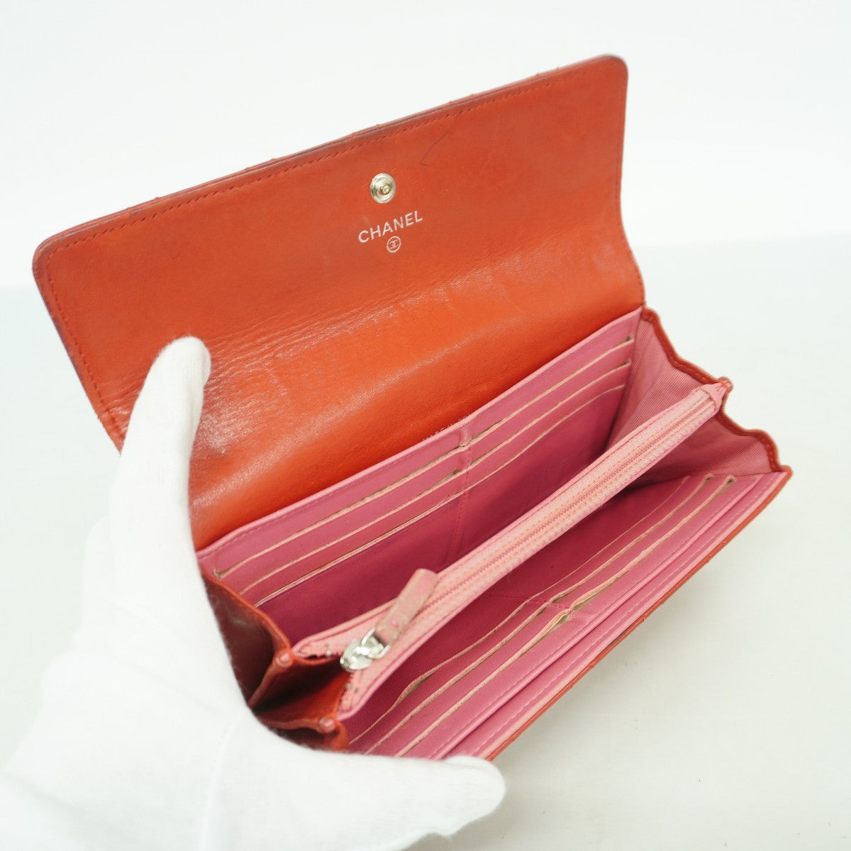 【6ed4352-k】シャネル 長財布 マトラッセ ラムスキン レッド シルバー金具【中古】レディース