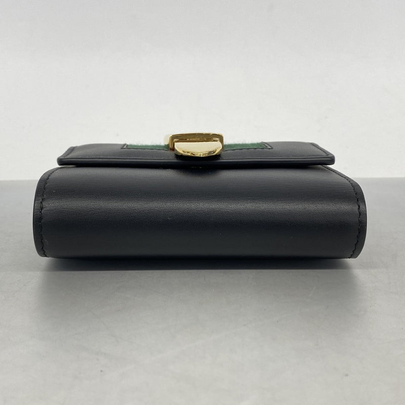 【6ed4392-k】グッチ 三つ折り財布 シェリーライン 476081 レザー ブラック ゴールド金具【中古】レディース