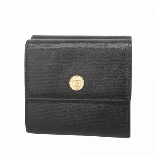 【6ed4777】シャネル 三つ折り財布 ココボタン レザー ブラック シャンパンゴールド金具【中古】レディース
