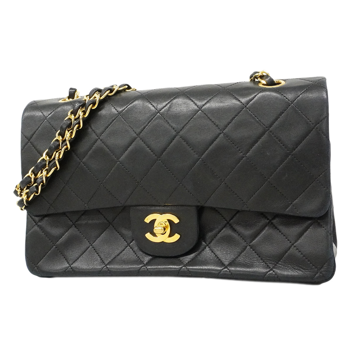 【6ee5578】シャネル ショルダーバッグ マトラッセ Wフラップ Wチェーン ラムスキン ブラック ゴールド金具【中古】レディース