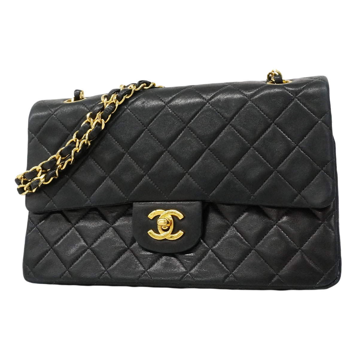 【6ee5728】シャネル ショルダーバッグ マトラッセ Wフラップ Wチェーン ラムスキン ブラック ゴールド金具【中古】レディース