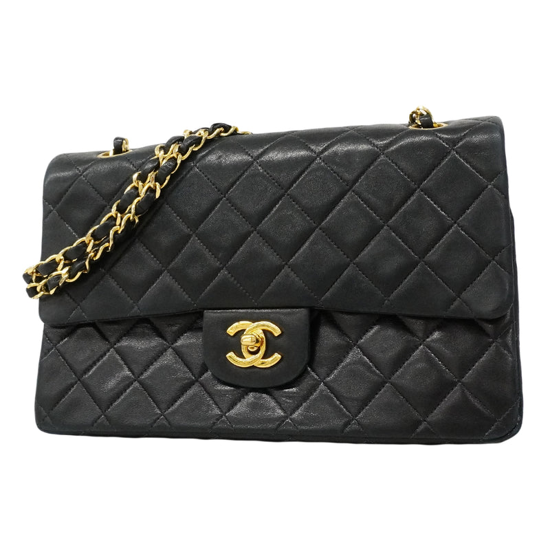 【6ee5728】シャネル ショルダーバッグ マトラッセ Wフラップ Wチェーン ラムスキン ブラック ゴールド金具【中古】レディース