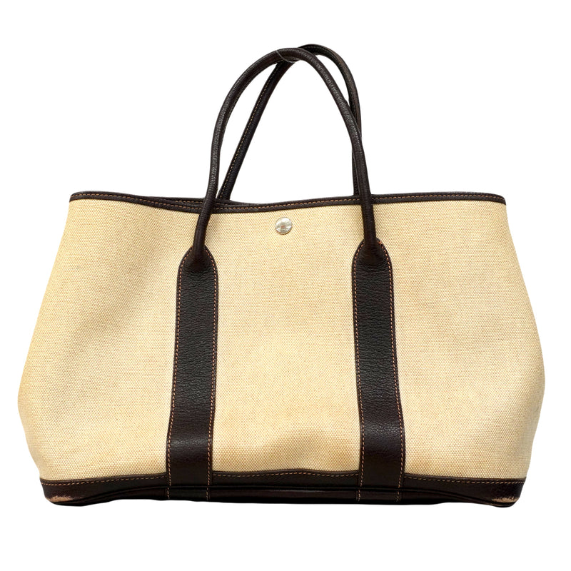 【6ee5881-h】エルメス トートバッグ ガーデンパーティPM トワルアッシュ ブラウン ベージュ シルバー金具 □F刻印【中古】レディース