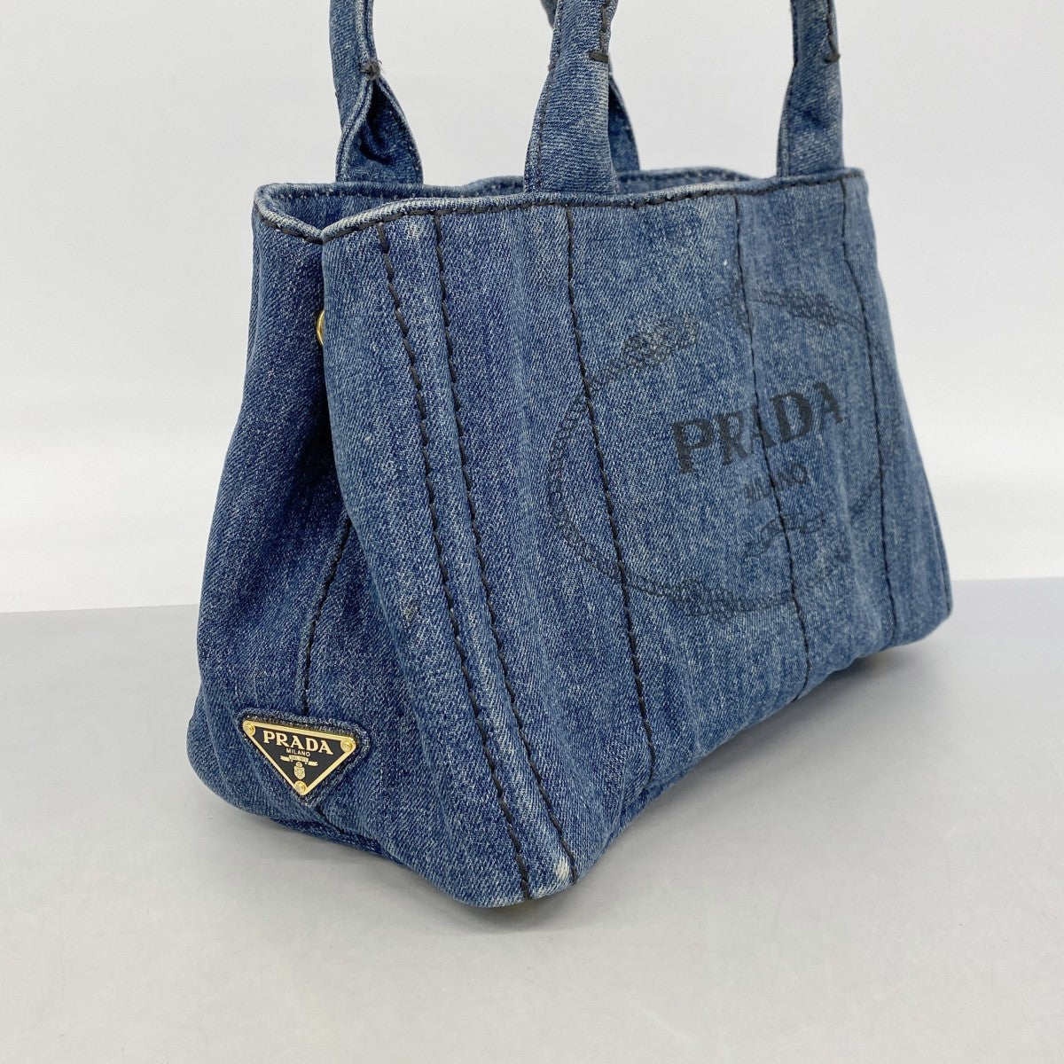 【6ee5992-k】プラダ トートバッグ カナパ デニム ブルー ゴールド金具【中古】レディース