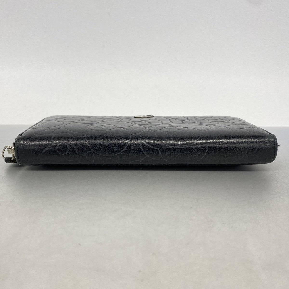 【6ee6102-k】シャネル 長財布 カメリア ラムスキン ブラック シルバー金具【中古】レディース