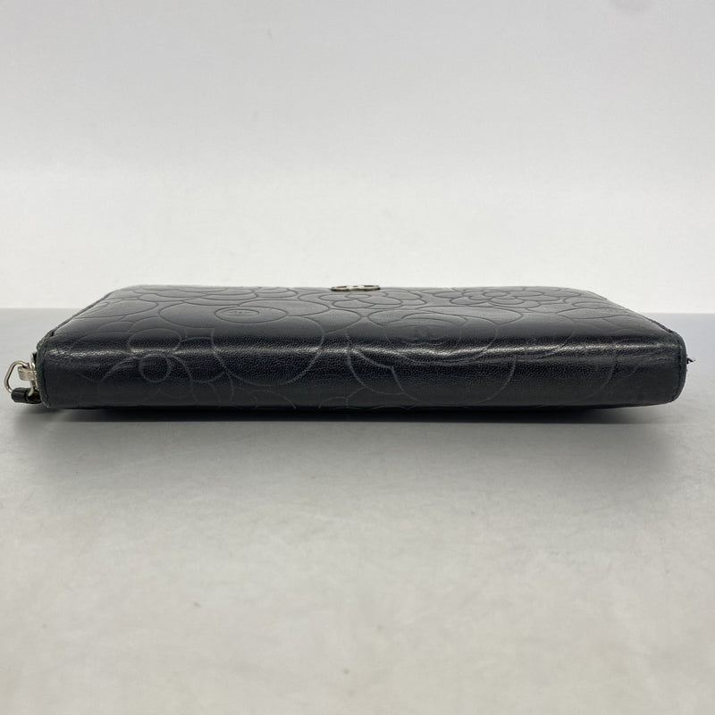 【6ee6102-k】シャネル 長財布 カメリア ラムスキン ブラック シルバー金具【中古】レディース