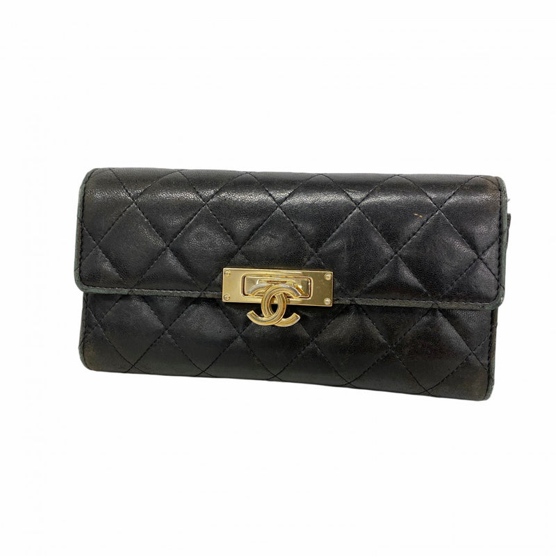 【6ee6150-k】シャネル 長財布 マトラッセ ラムスキン ブラック ゴールド金具【中古】レディース
