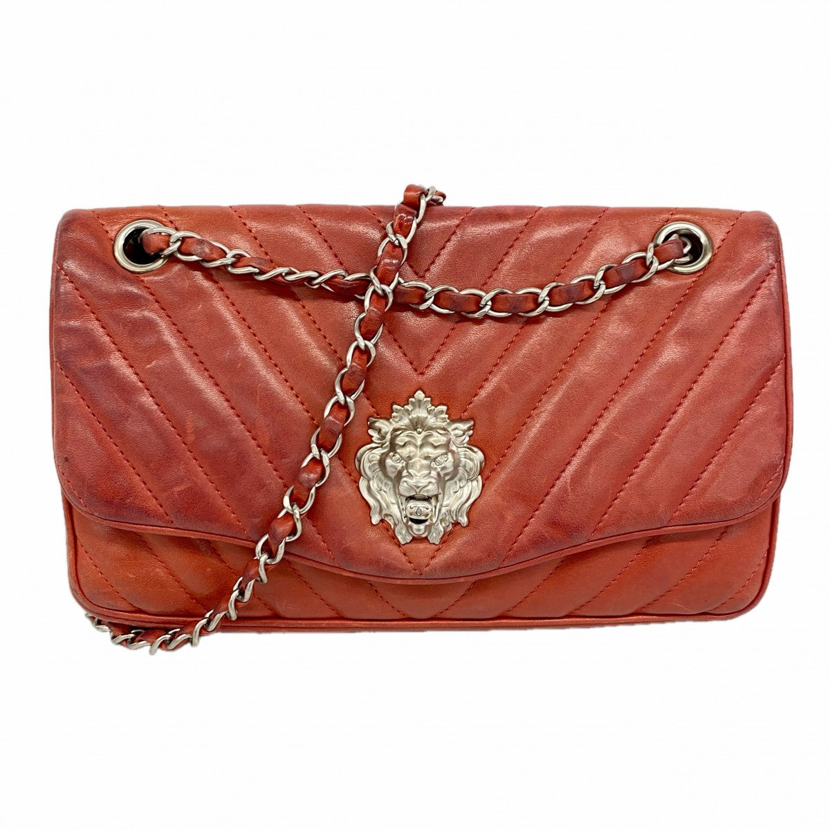 ★SALE【6ee6169-k】シャネル ショルダーバッグ Wチェーン シェブロン/ライオン ラムスキン レッド シルバー金具【中古】レディース